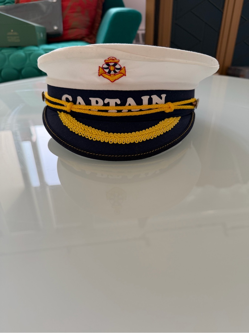 Handmade White & Navy Captain Hat with Gold Braid